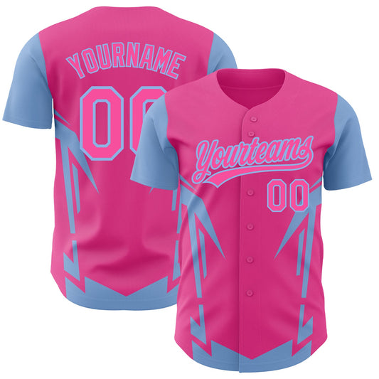 Custom Pink Light Blue 3D Pattern Design Side Sharp Edges Authentic Baseball Jersey - Main View