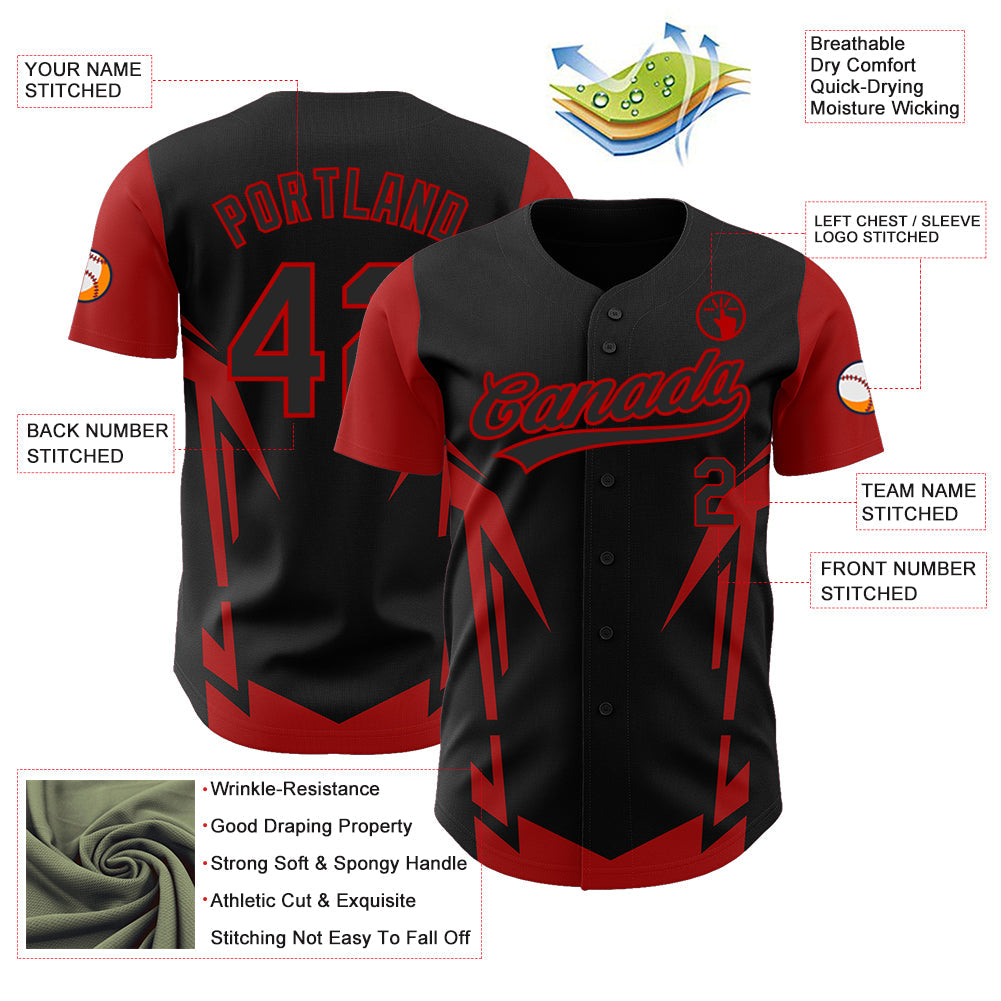 Custom Black Red 3D Pattern Design Side Sharp Edges Authentic Baseball Jersey view 3