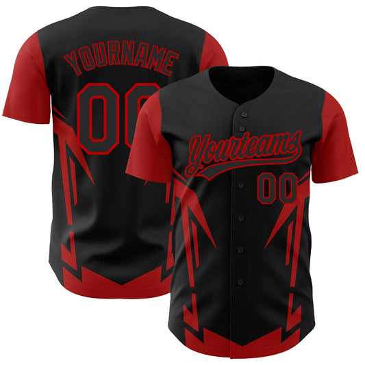 Custom Black Red 3D Pattern Design Side Sharp Edges Authentic Baseball Jersey - Main View