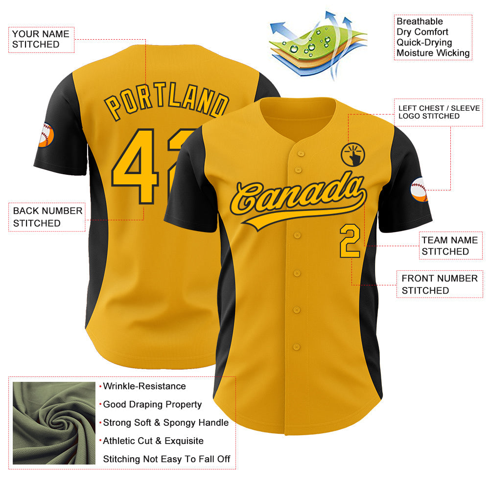 Custom Gold Black 3D Pattern Design Side Panel Stripes Authentic Baseball Jersey view 3