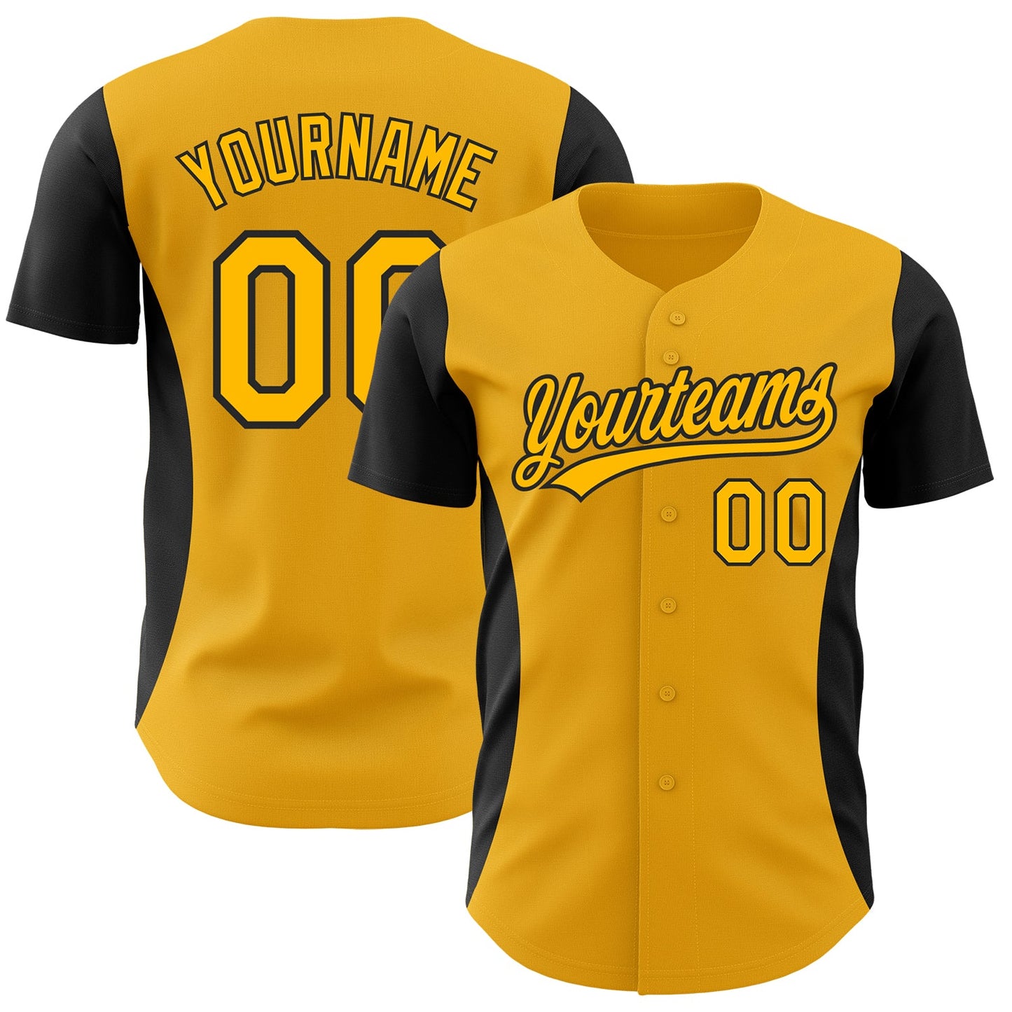 Custom Gold Black 3D Pattern Design Side Panel Stripes Authentic Baseball Jersey - Main View
