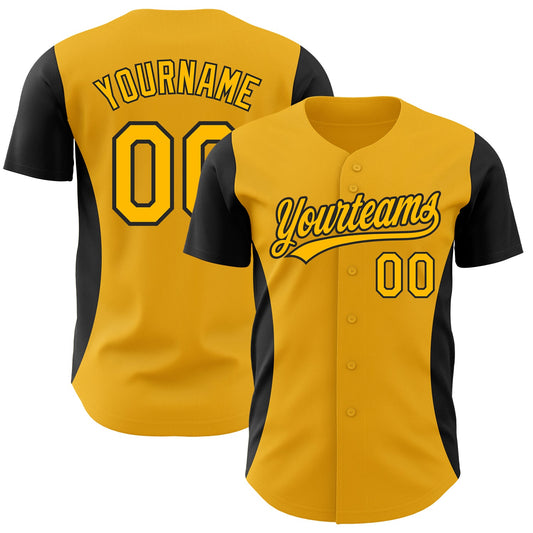 Custom Gold Black 3D Pattern Design Side Panel Stripes Authentic Baseball Jersey - Main View
