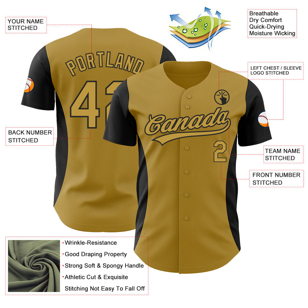 Custom Old Gold Black 3D Pattern Design Side Panel Stripes Authentic Baseball Jersey view 3