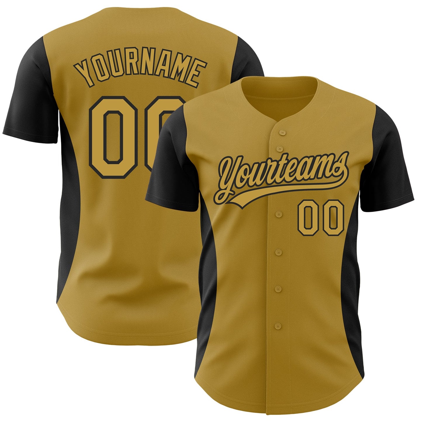 Custom Old Gold Black 3D Pattern Design Side Panel Stripes Authentic Baseball Jersey - Main View