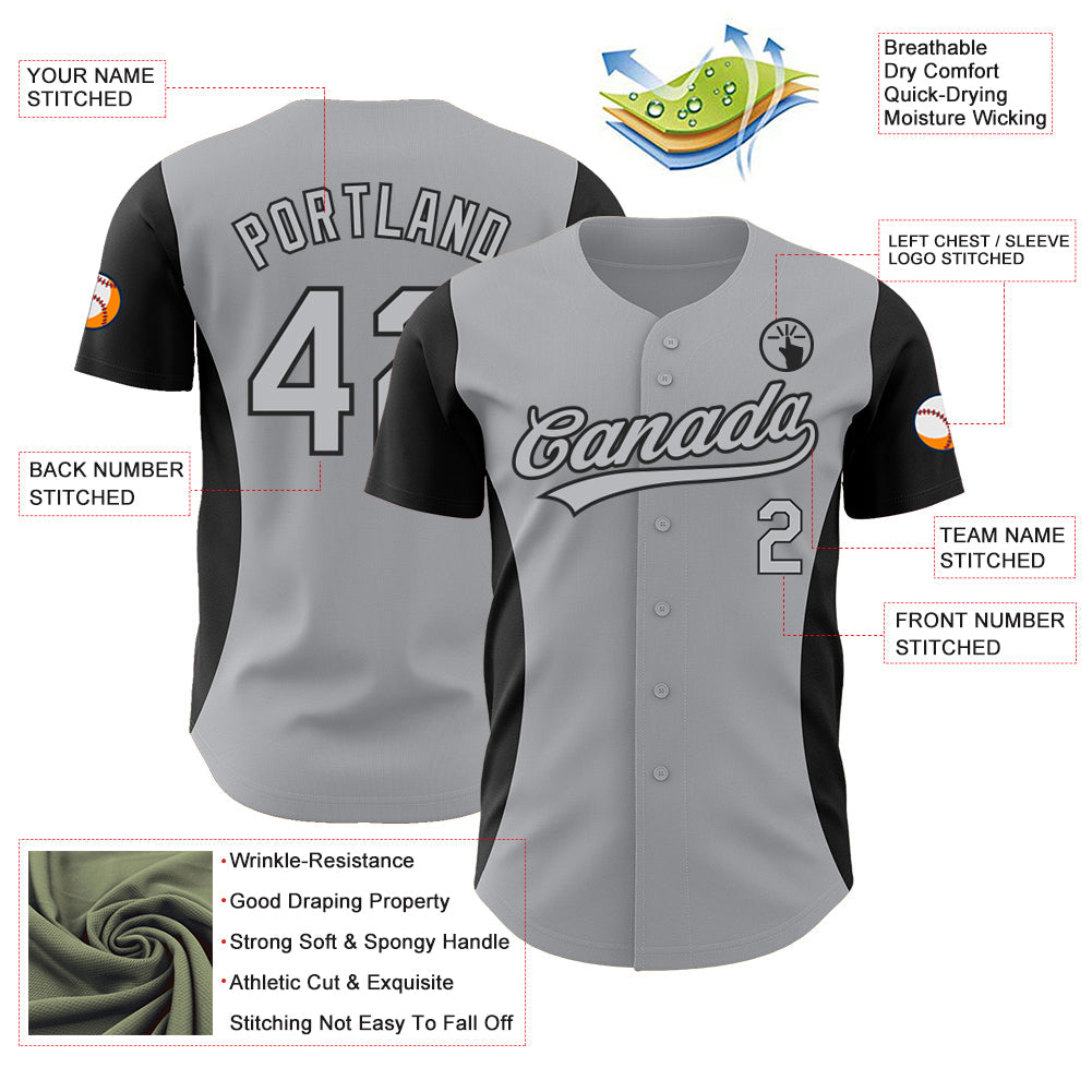 Custom Gray Black 3D Pattern Design Side Panel Stripes Authentic Baseball Jersey view 3