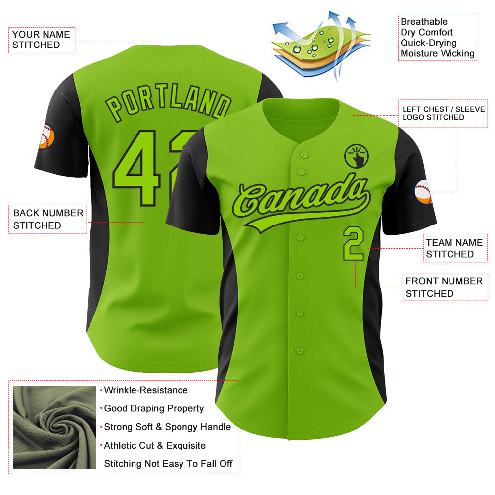 Custom Neon Green Black 3D Pattern Design Side Panel Stripes Authentic Baseball Jersey view 3