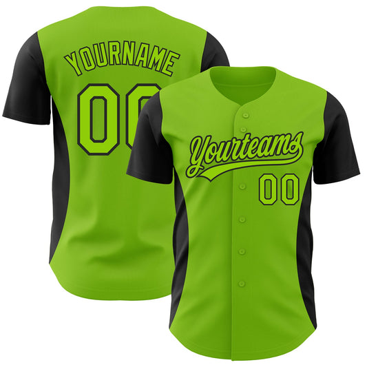 Custom Neon Green Black 3D Pattern Design Side Panel Stripes Authentic Baseball Jersey - Main View
