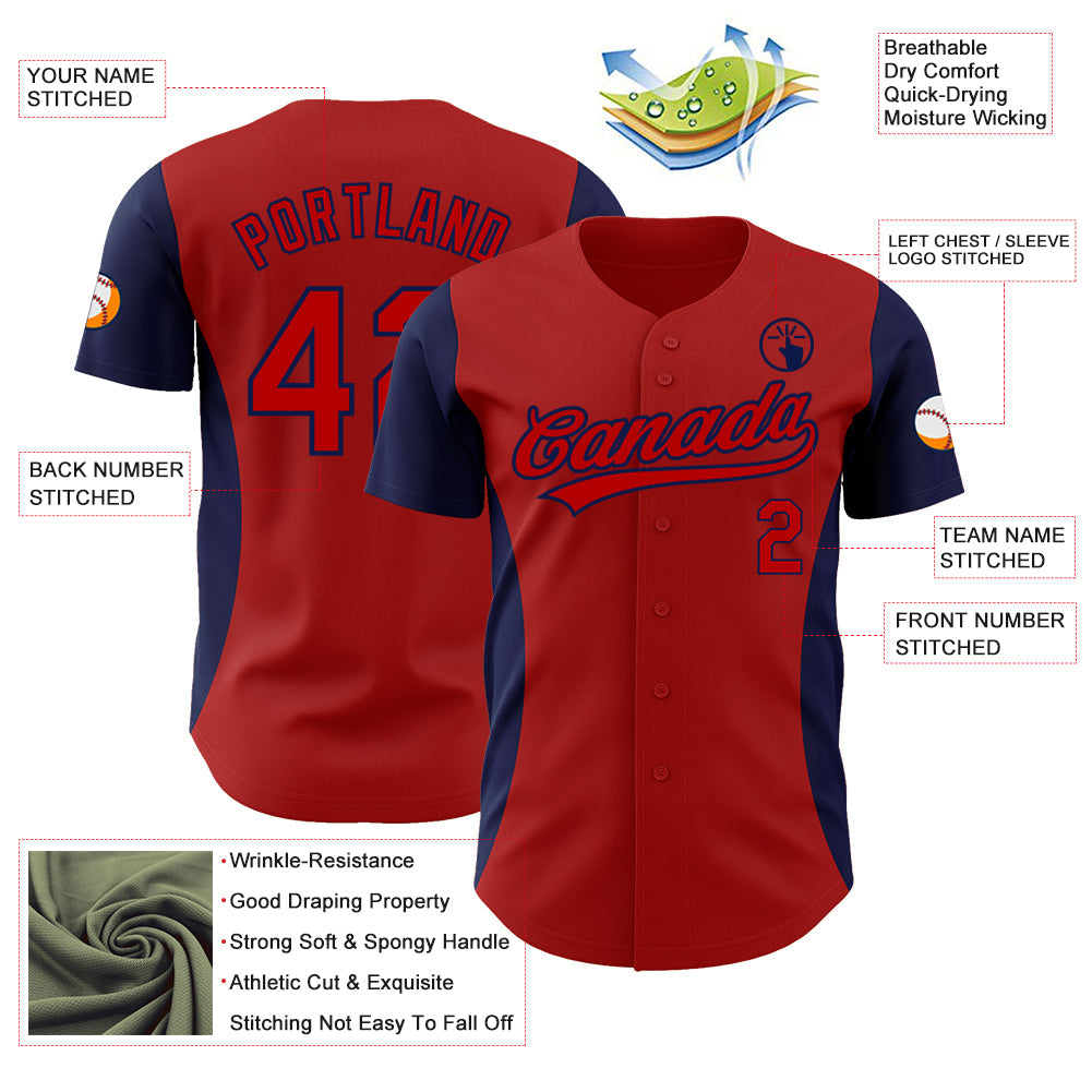Custom Red Navy 3D Pattern Design Side Panel Stripes Authentic Baseball Jersey view 3