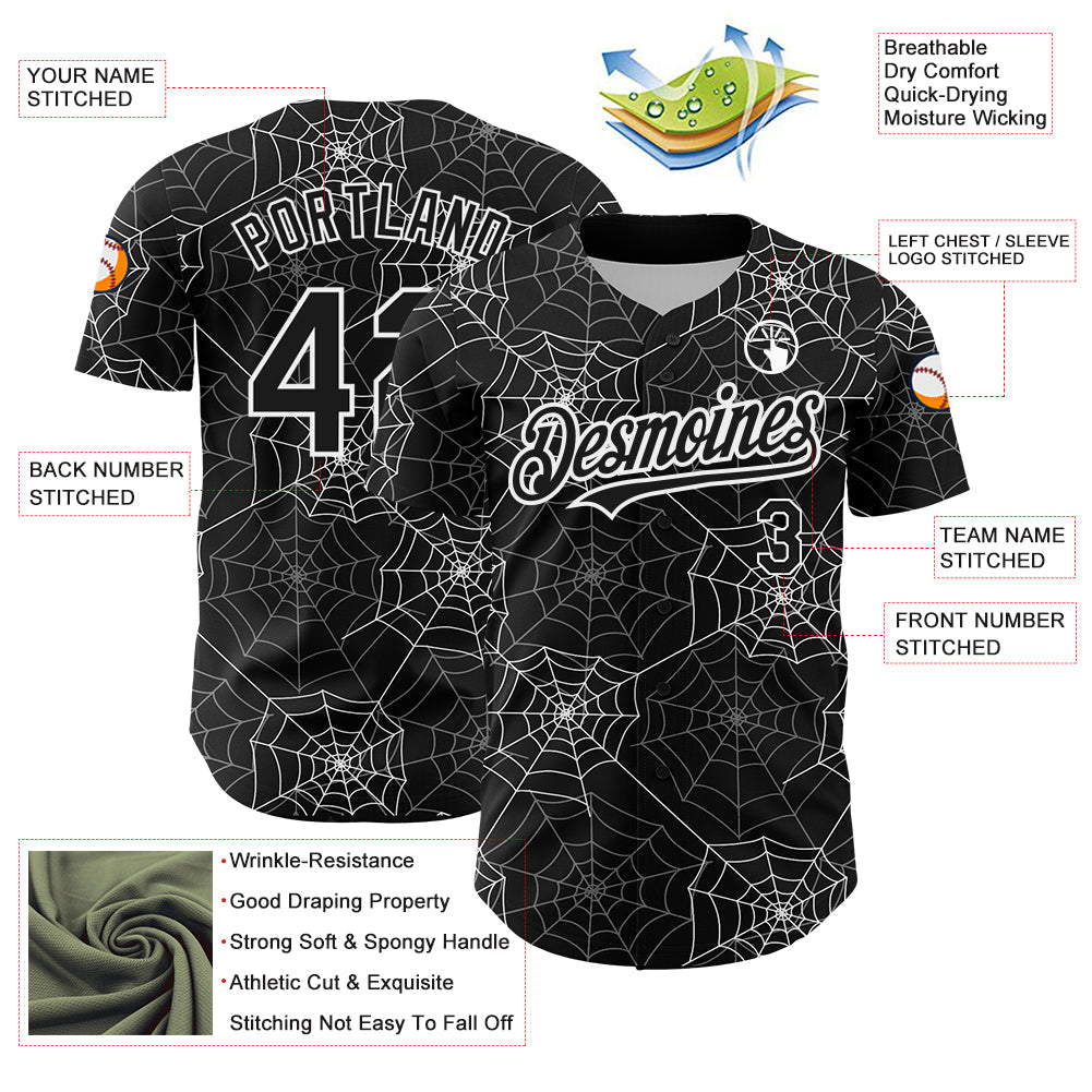 Custom Black White 3D Pattern Design Spider Web Authentic Baseball Jersey view 3