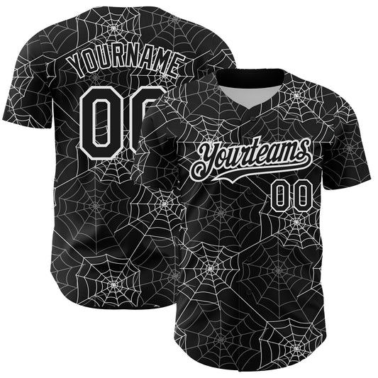 Custom Black White 3D Pattern Design Spider Web Authentic Baseball Jersey - Main View