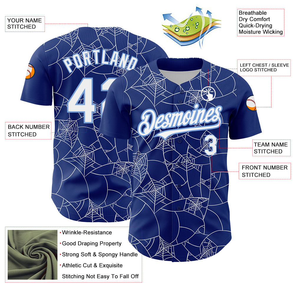 Custom Royal White-Light Blue 3D Pattern Design Spider Web Authentic Baseball Jersey view 3