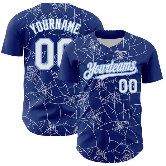 Custom Royal White-Light Blue 3D Pattern Design Spider Web Authentic Baseball Jersey - Main View