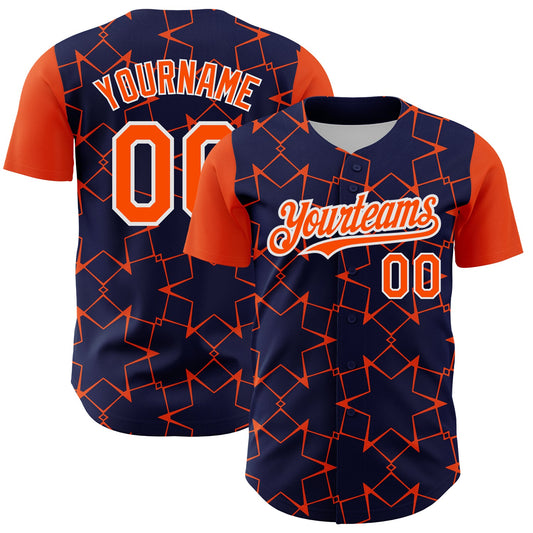 Custom Navy Orange-White 3D Pattern Design Star Lines Authentic Baseball Jersey - Main View