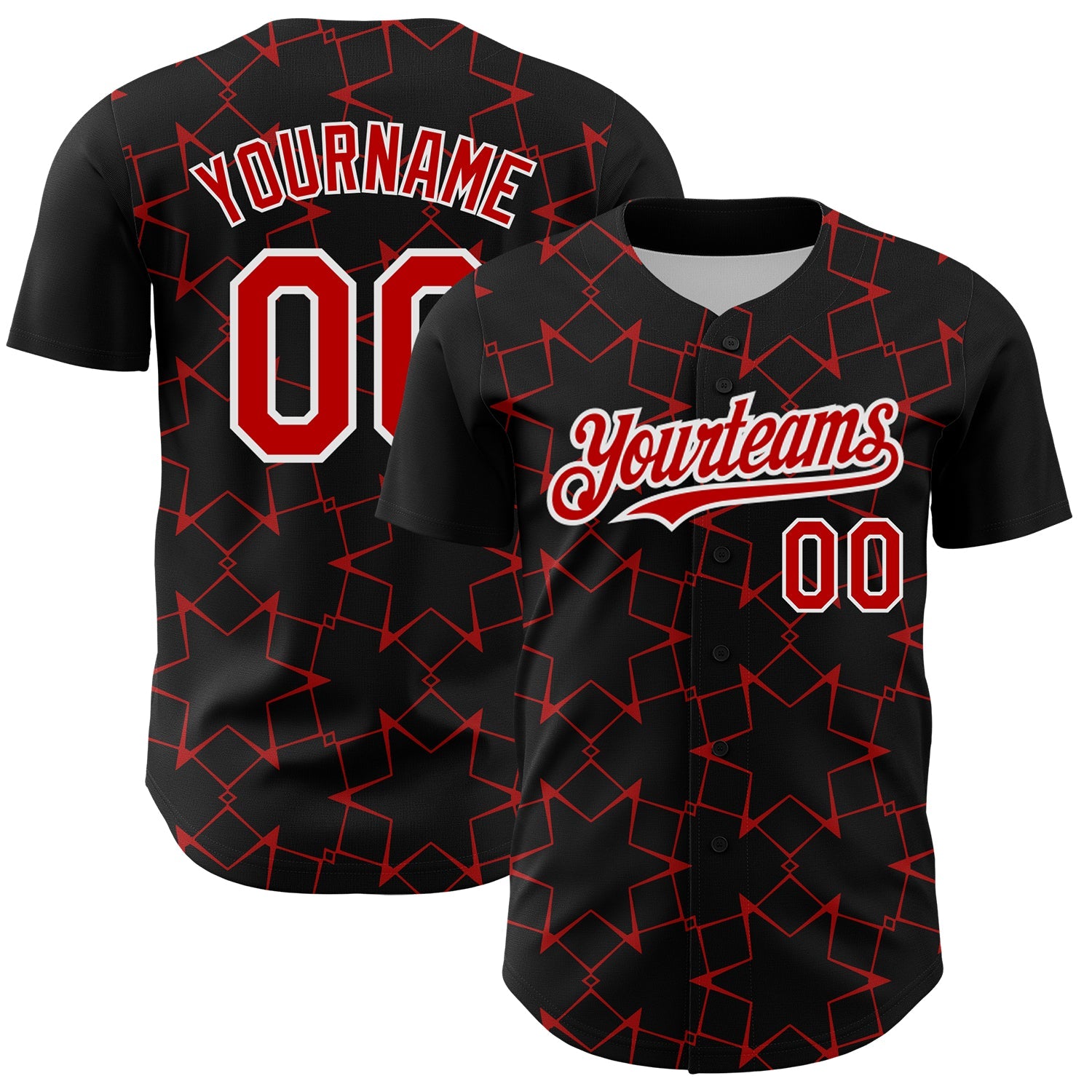Custom Black Red-White 3D Pattern Design Star Lines Authentic Baseball Jersey - Main View