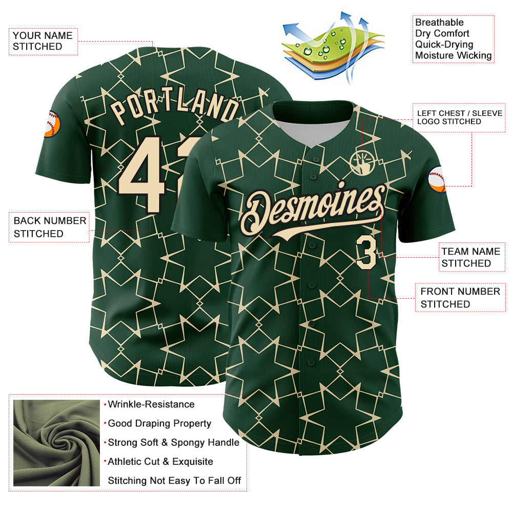 Custom Green Cream-Black 3D Pattern Design Star Lines Authentic Baseball Jersey view 3
