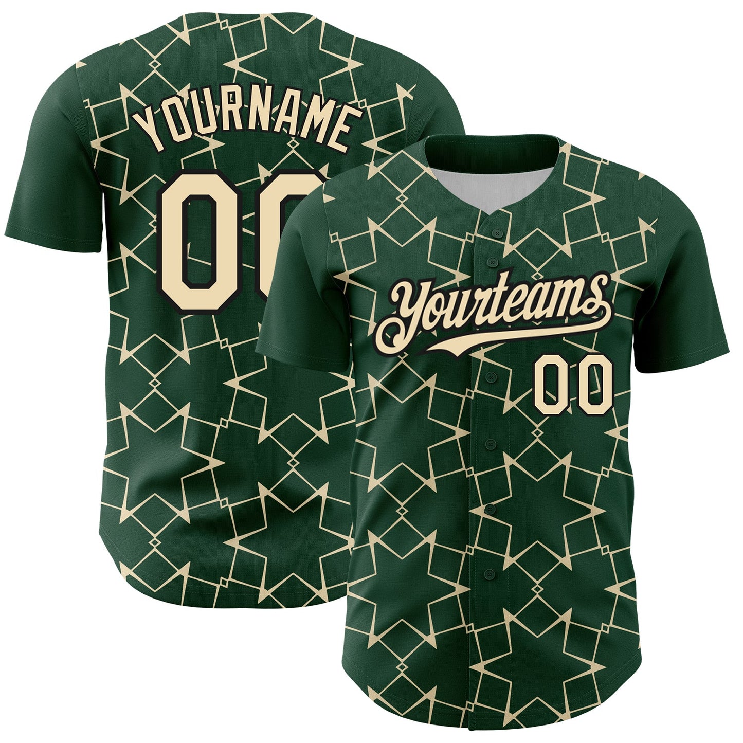 Custom Green Cream-Black 3D Pattern Design Star Lines Authentic Baseball Jersey - Main View