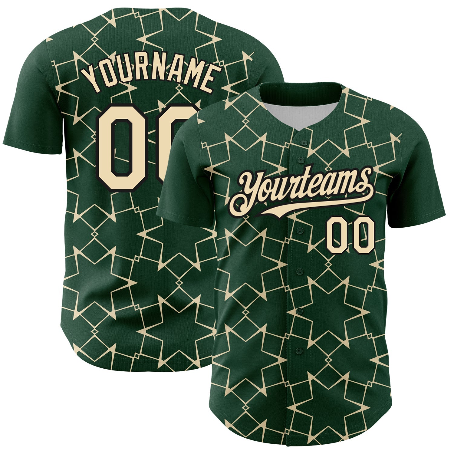 Custom Green Cream-Black 3D Pattern Design Star Lines Authentic Baseball Jersey - Main View
