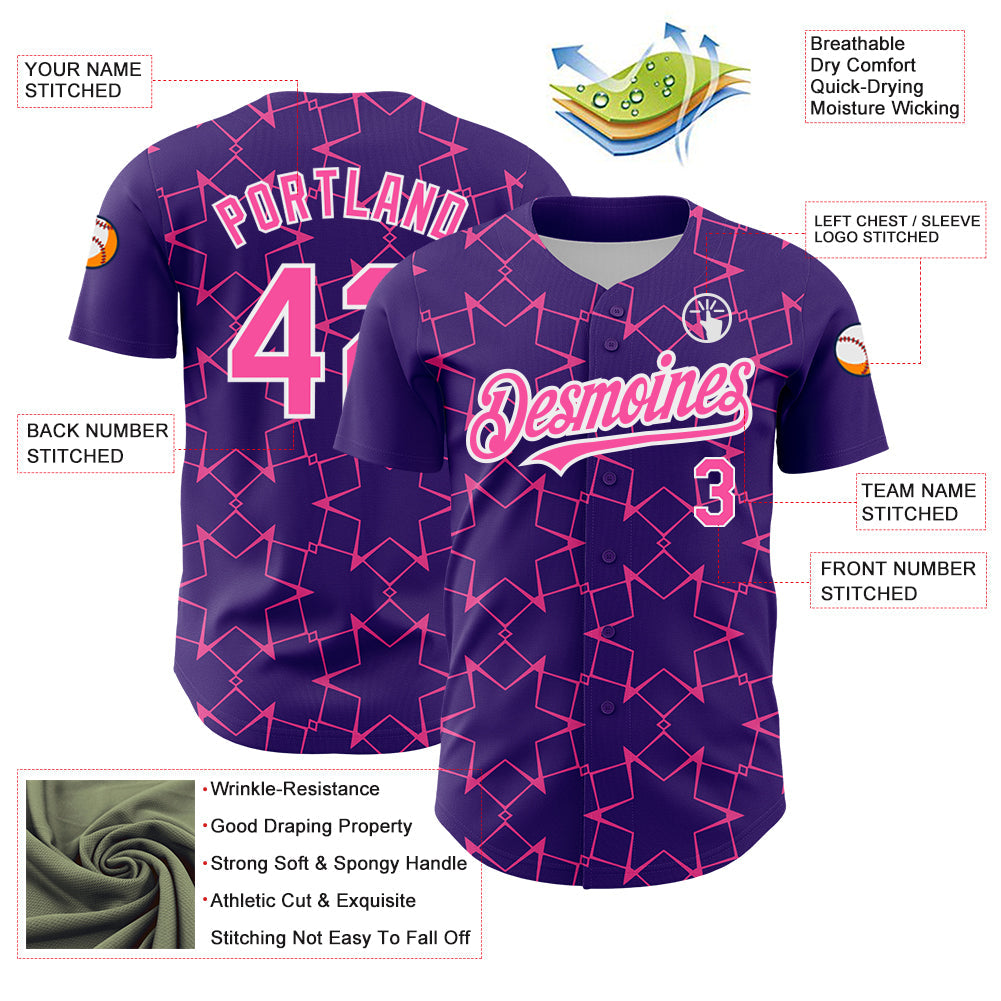 Custom Purple Pink-White 3D Pattern Design Star Lines Authentic Baseball Jersey view 3