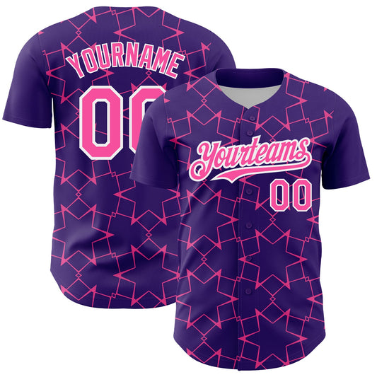 Custom Purple Pink-White 3D Pattern Design Star Lines Authentic Baseball Jersey - Main View