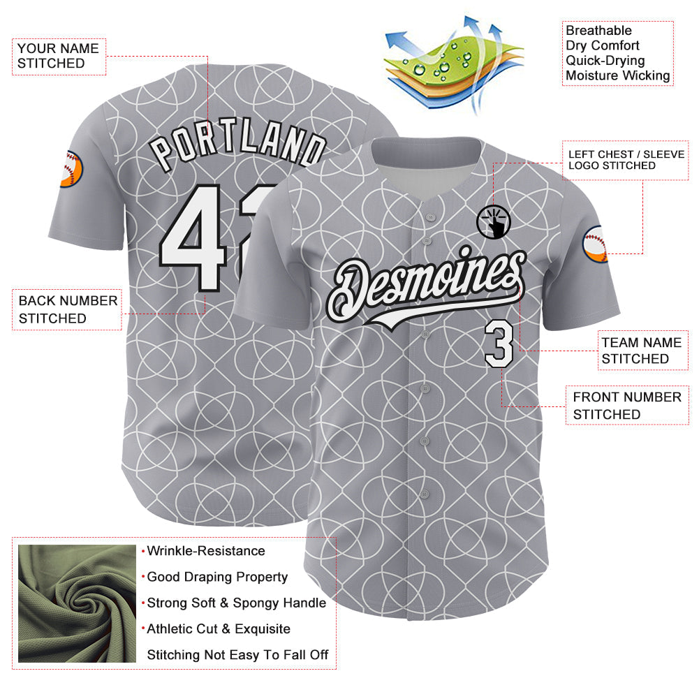 Custom Gray White-Black 3D Pattern Design Arabesque Shape Authentic Baseball Jersey view 3
