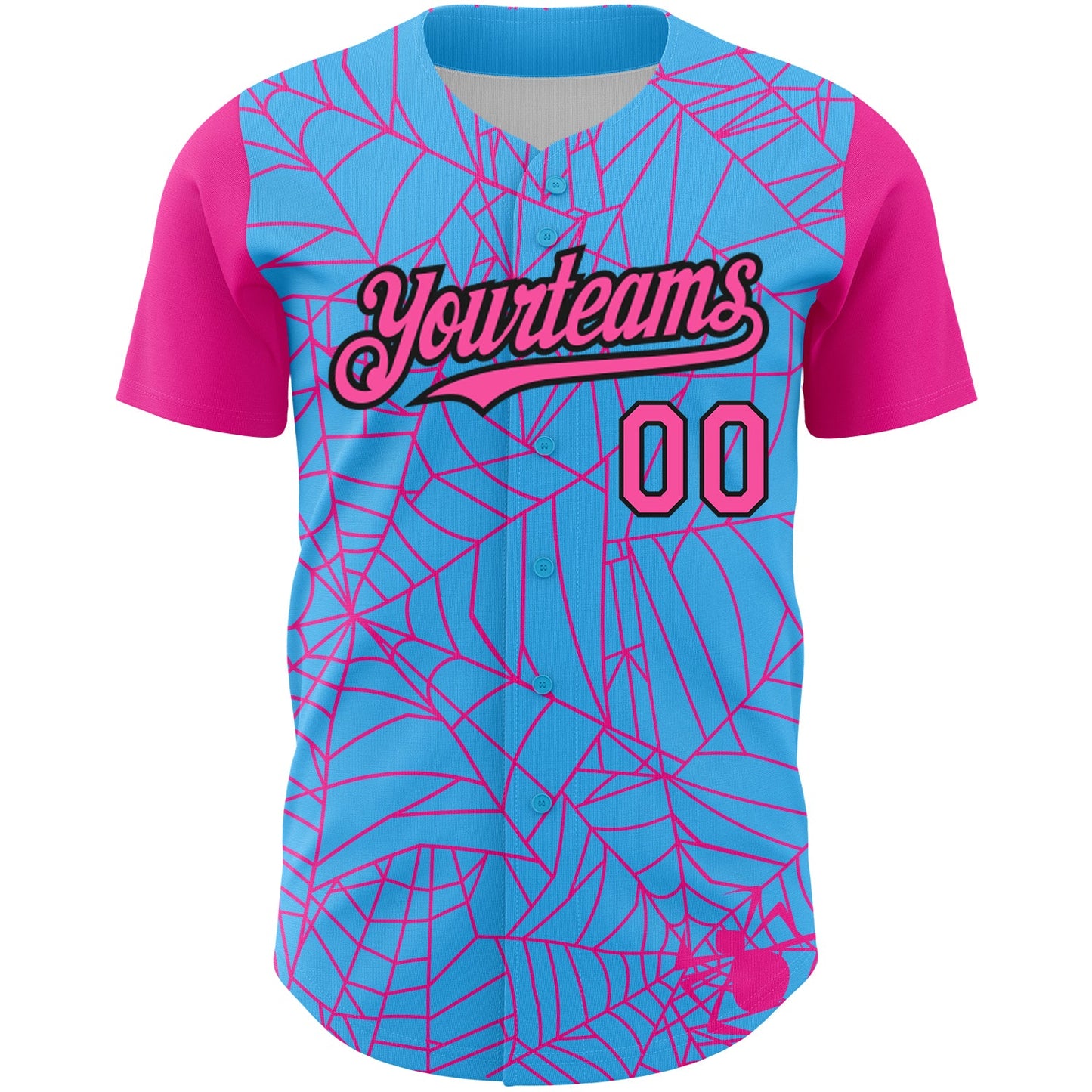 Custom Sky Blue Pink-Black 3D Pattern Design Spider Web Authentic Baseball Jersey view 2