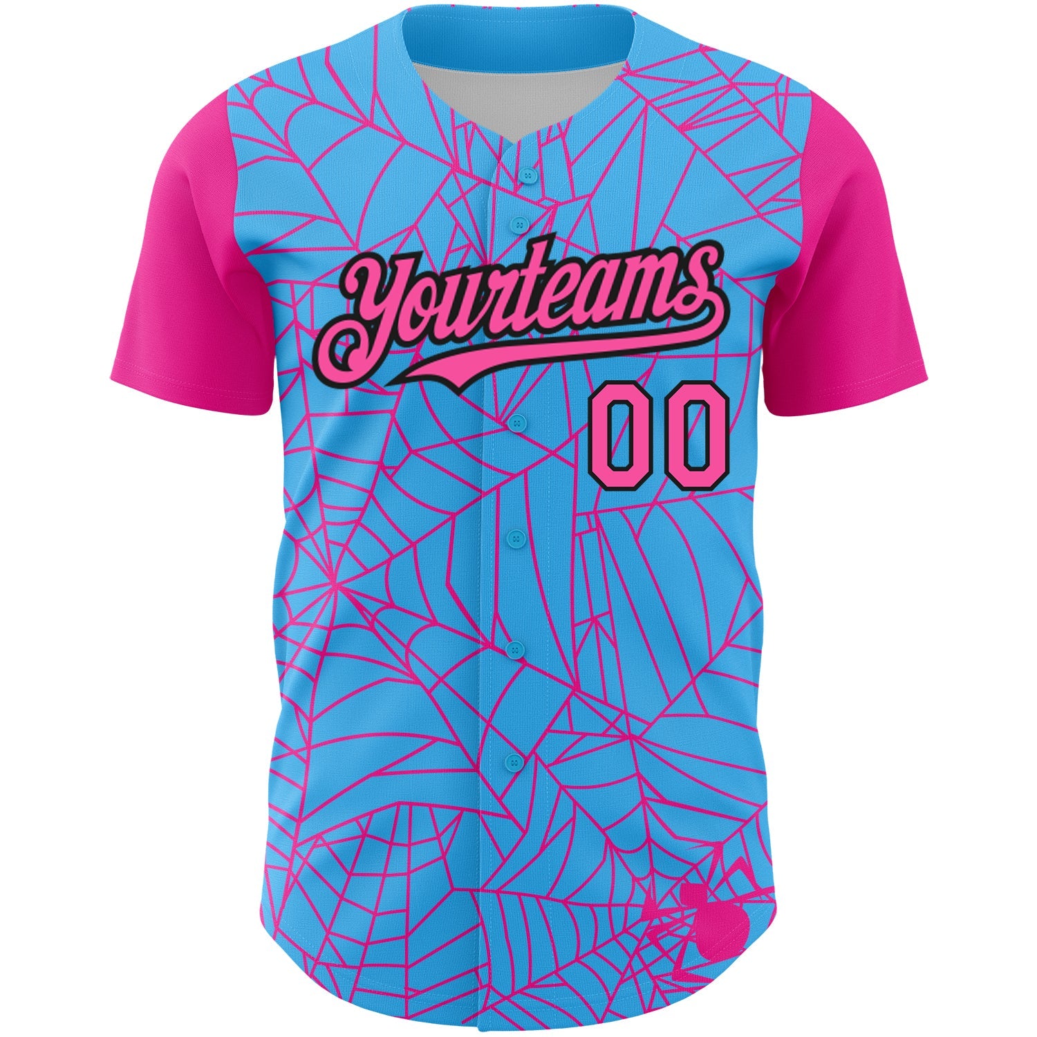 Custom Sky Blue Pink-Black 3D Pattern Design Spider Web Authentic Baseball Jersey view 2