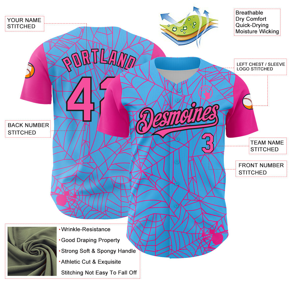 Custom Sky Blue Pink-Black 3D Pattern Design Spider Web Authentic Baseball Jersey view 3