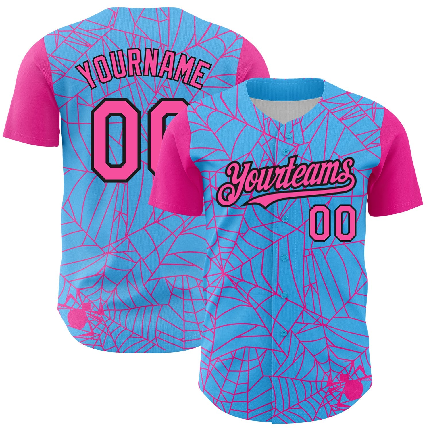 Custom Sky Blue Pink-Black 3D Pattern Design Spider Web Authentic Baseball Jersey - Main View