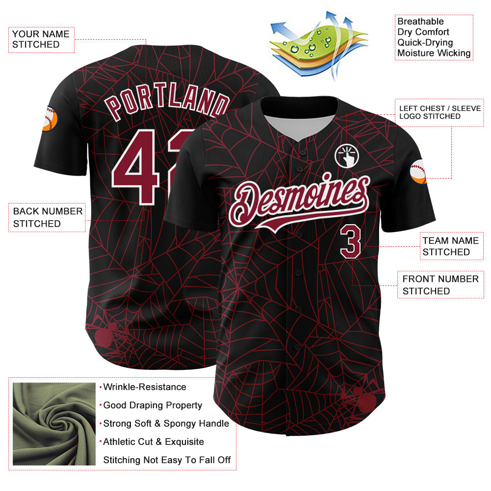 Custom Black Crimson-White 3D Pattern Design Spider Web Authentic Baseball Jersey view 3