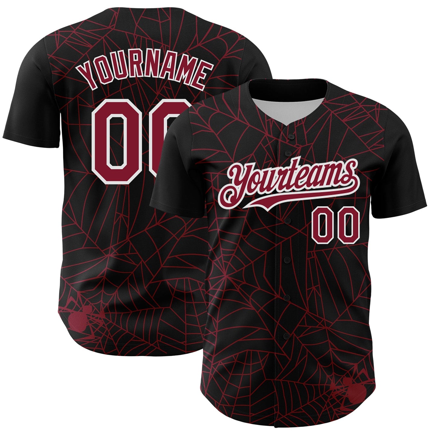 Custom Black Crimson-White 3D Pattern Design Spider Web Authentic Baseball Jersey - Main View