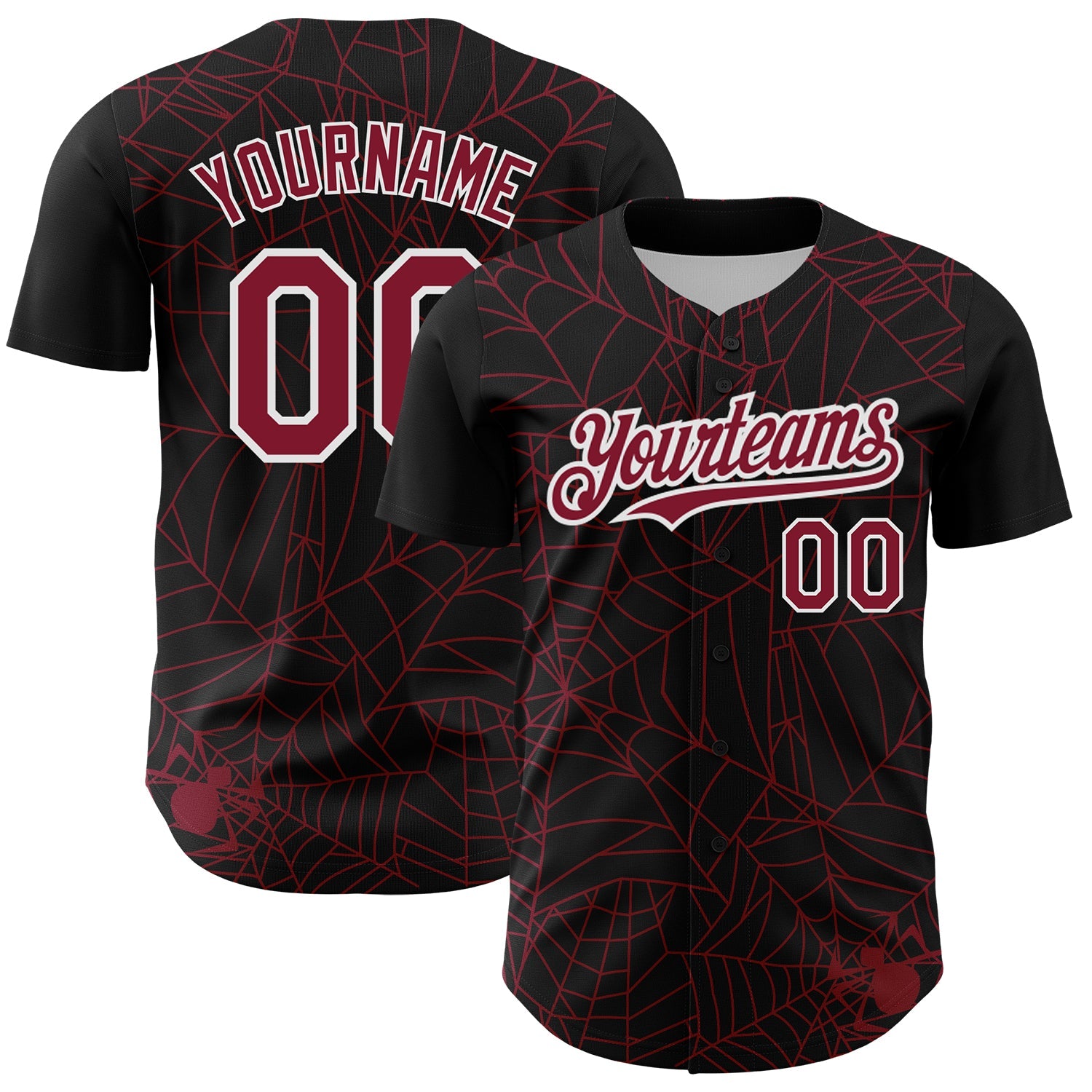 Custom Black Crimson-White 3D Pattern Design Spider Web Authentic Baseball Jersey - Main View