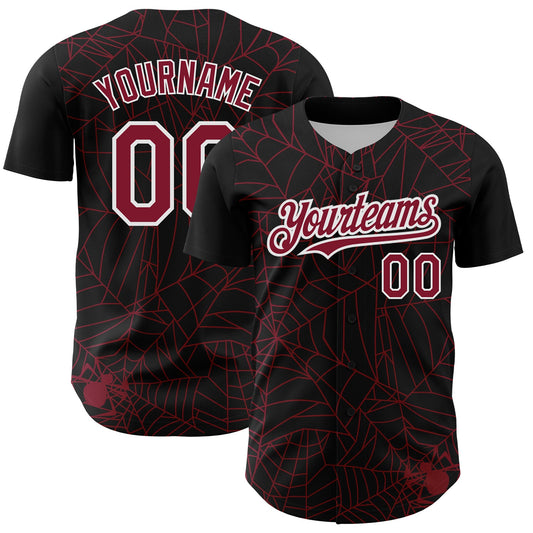 Custom Black Crimson-White 3D Pattern Design Spider Web Authentic Baseball Jersey - Main View