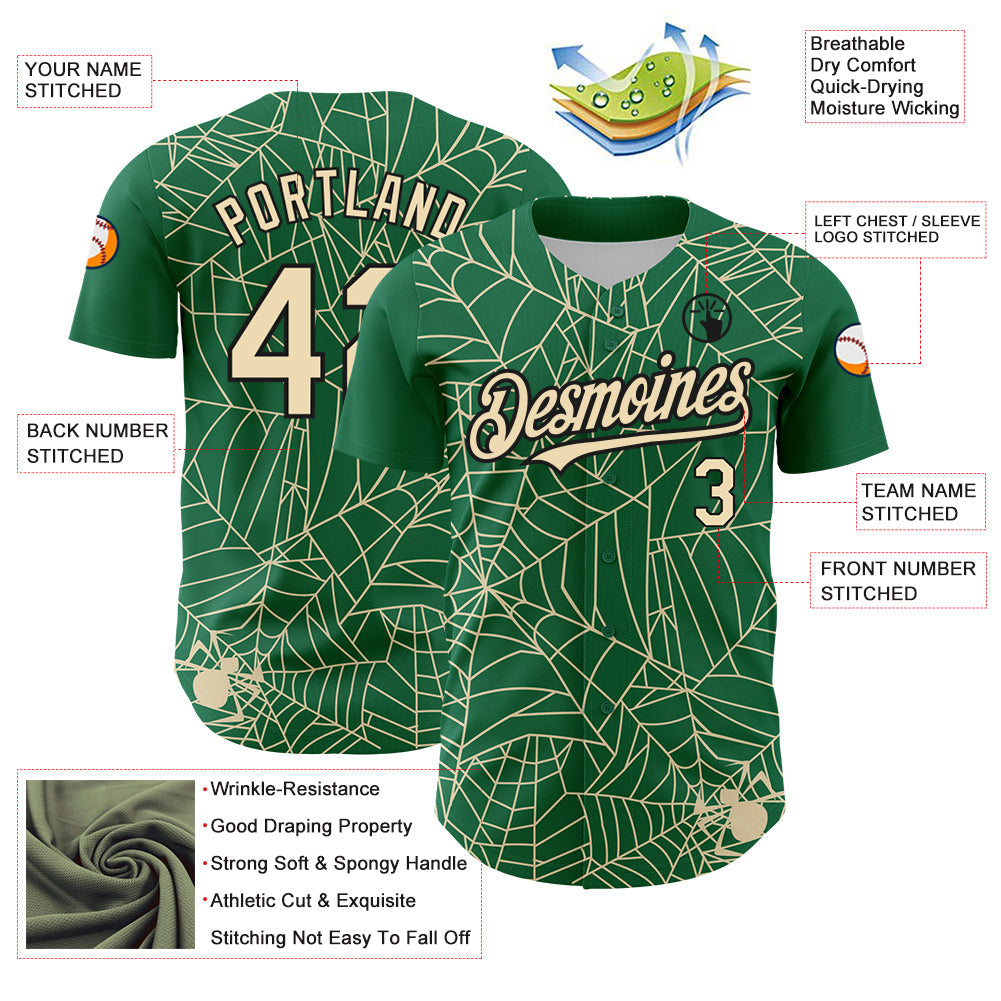 Custom Kelly Green Cream-Black 3D Pattern Design Spider Web Authentic Baseball Jersey view 3