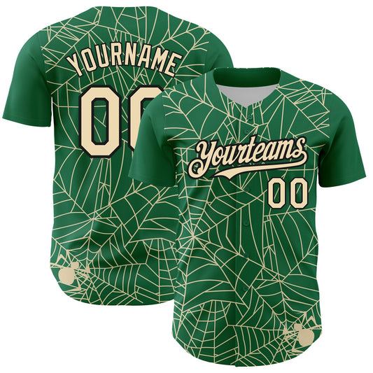 Custom Kelly Green Cream-Black 3D Pattern Design Spider Web Authentic Baseball Jersey - Main View