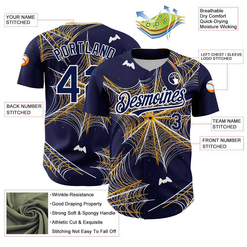 Custom Navy Gold-White 3D Pattern Design Spider Web Authentic Baseball Jersey view 3