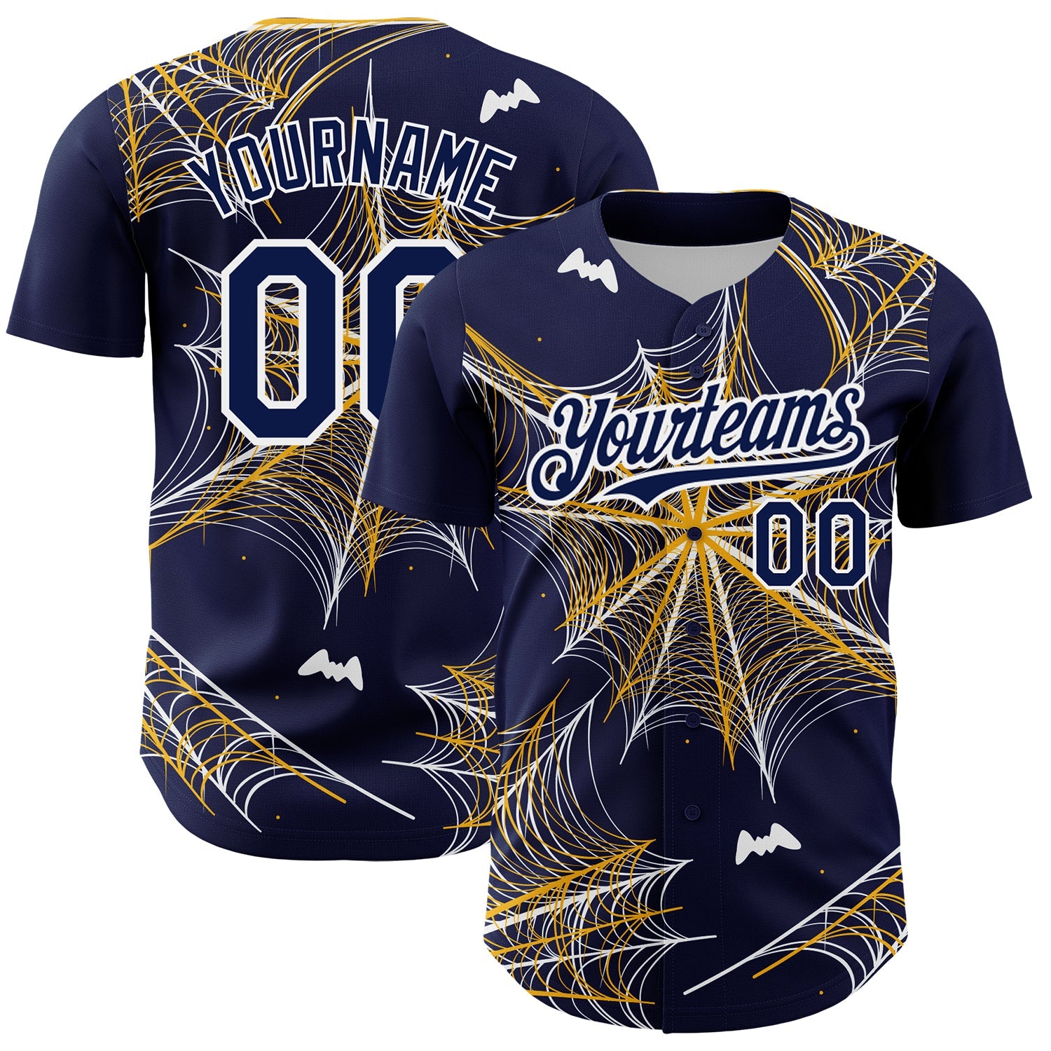 Custom Navy Gold-White 3D Pattern Design Spider Web Authentic Baseball Jersey - Main View