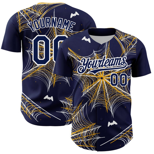 Custom Navy Gold-White 3D Pattern Design Spider Web Authentic Baseball Jersey - Main View