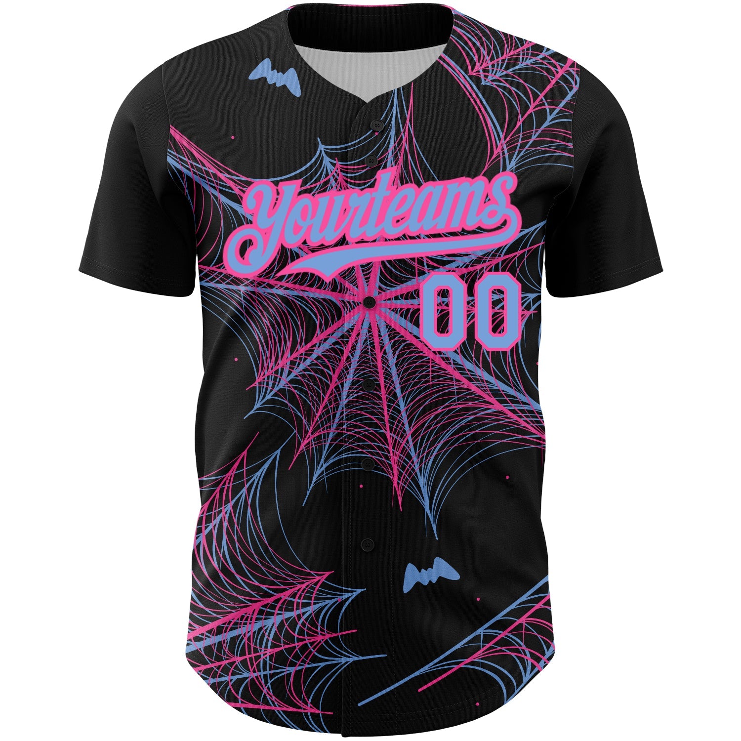 Custom Black Light Blue-Pink 3D Pattern Design Spider Web Authentic Baseball Jersey view 2