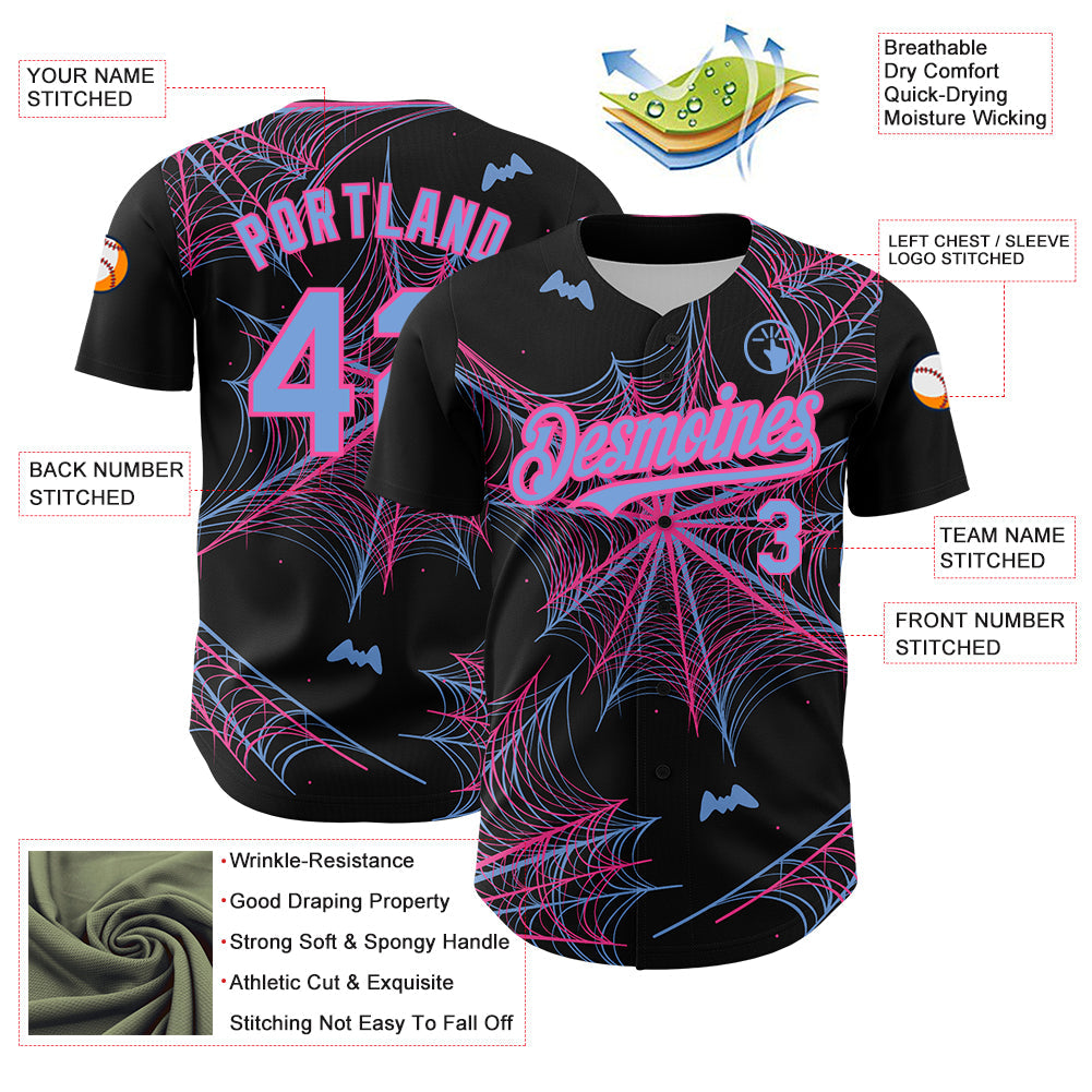 Custom Black Light Blue-Pink 3D Pattern Design Spider Web Authentic Baseball Jersey view 3