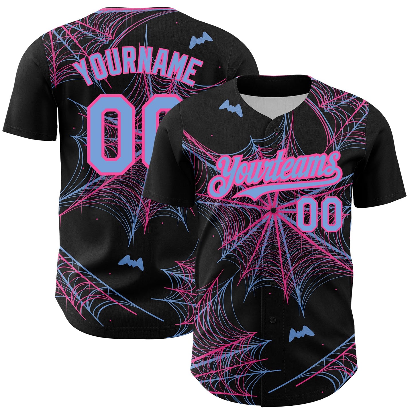 Custom Black Light Blue-Pink 3D Pattern Design Spider Web Authentic Baseball Jersey - Main View