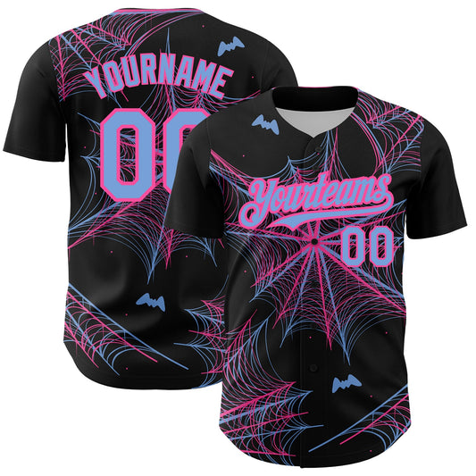 Custom Black Light Blue-Pink 3D Pattern Design Spider Web Authentic Baseball Jersey - Main View