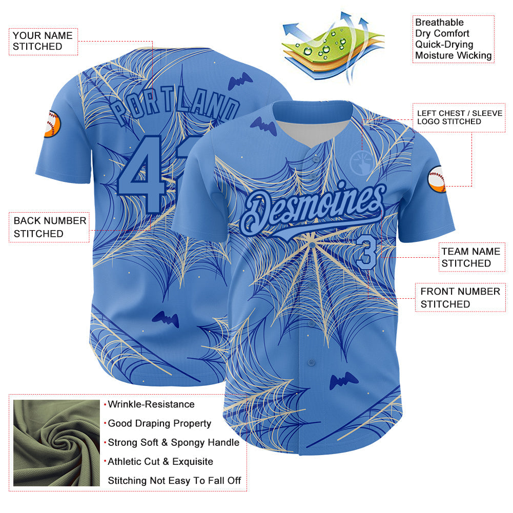 Custom Light Blue Cream-Royal 3D Pattern Design Spider Web Authentic Baseball Jersey view 3