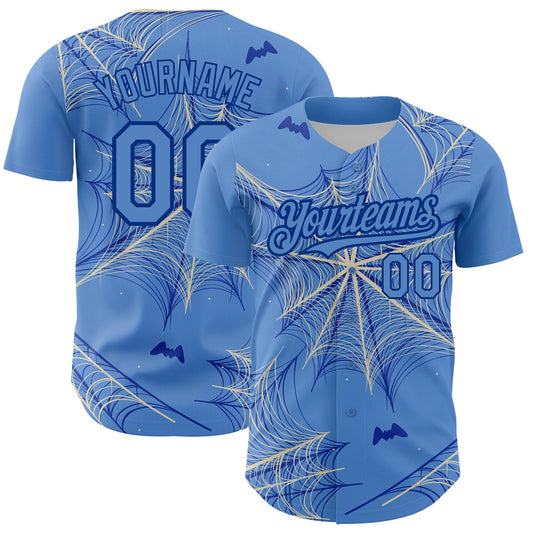 Custom Light Blue Cream-Royal 3D Pattern Design Spider Web Authentic Baseball Jersey - Main View