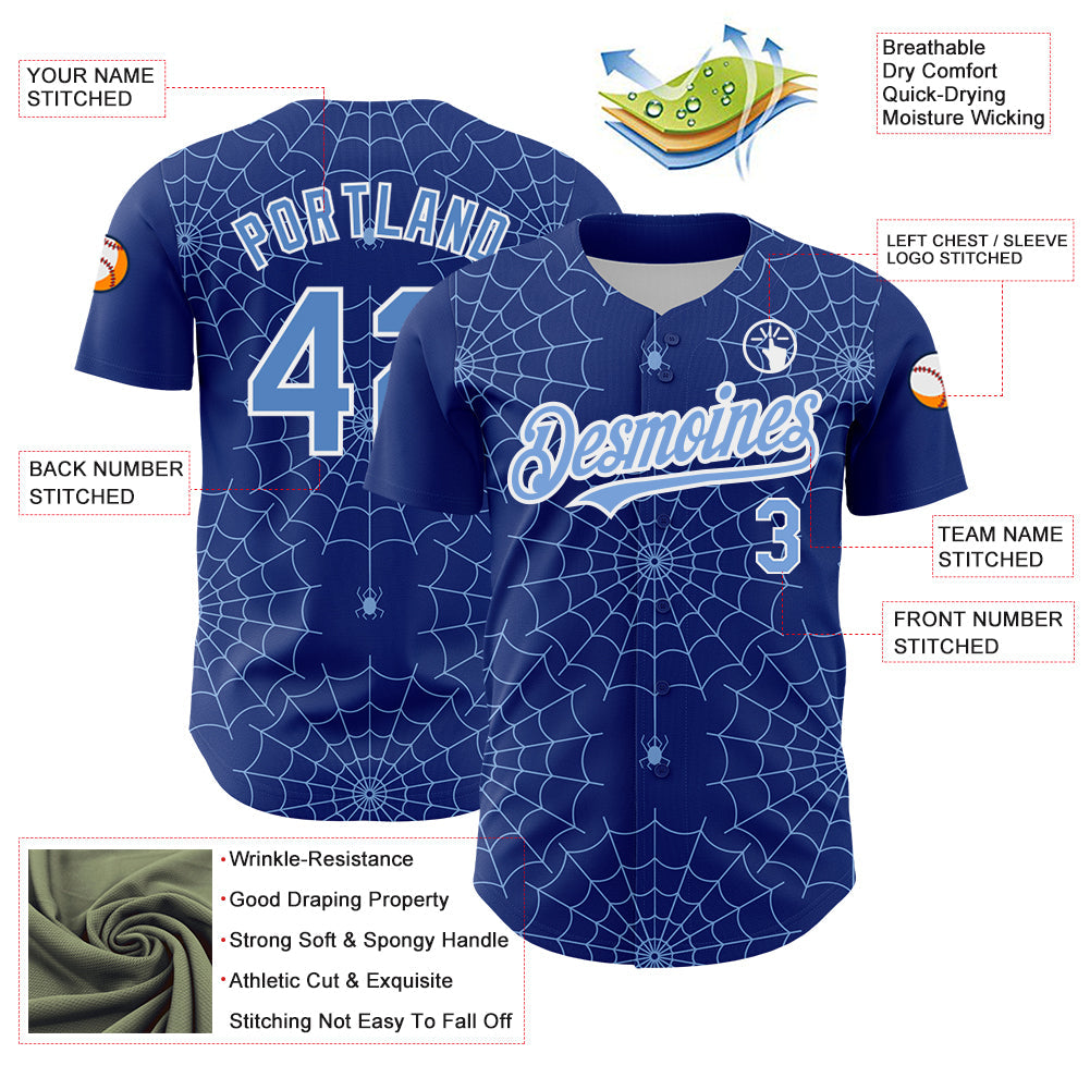 Custom Royal Light Blue-White 3D Pattern Design Spider Web Authentic Baseball Jersey view 3