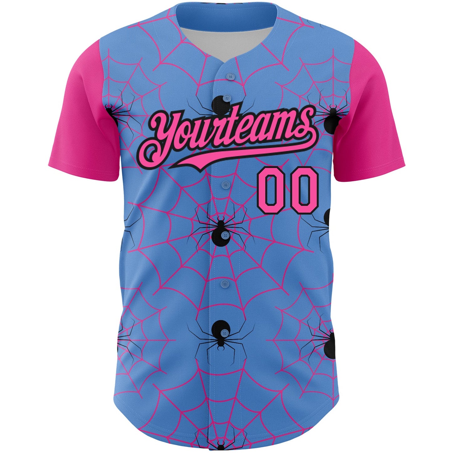 Custom Light Blue Pink-Black 3D Pattern Design Spider Web Authentic Baseball Jersey view 2