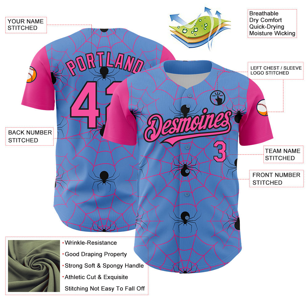 Custom Light Blue Pink-Black 3D Pattern Design Spider Web Authentic Baseball Jersey view 3