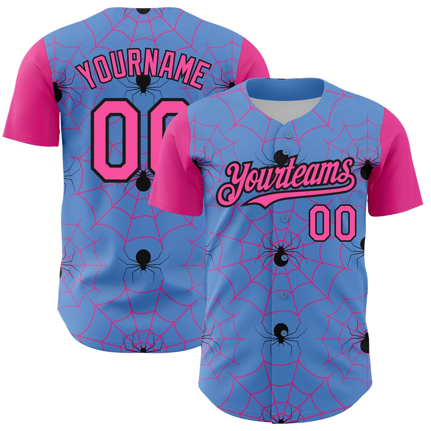 Custom Light Blue Pink-Black 3D Pattern Design Spider Web Authentic Baseball Jersey - Main View