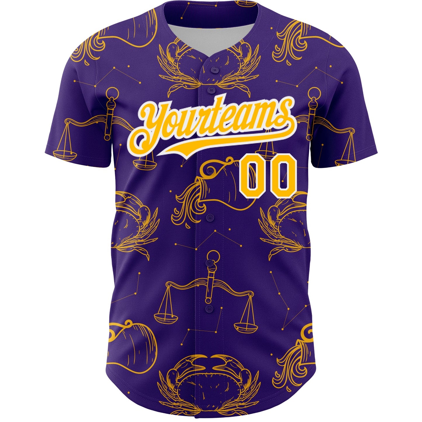Custom Purple Gold-White 3D Pattern Design Zodiac Authentic Baseball Jersey view 2