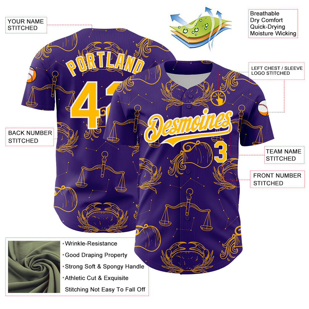 Custom Purple Gold-White 3D Pattern Design Zodiac Authentic Baseball Jersey view 3