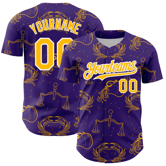 Custom Purple Gold-White 3D Pattern Design Zodiac Authentic Baseball Jersey - Main View